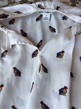 Dalia Collection Cream Blouse with Red, Blue and Brown Bird Print
